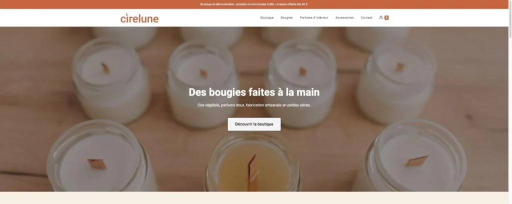 Exemple de boutique en ligne WooCommerce : accueil de Cirelune, bougies artisanales, site de démonstration
