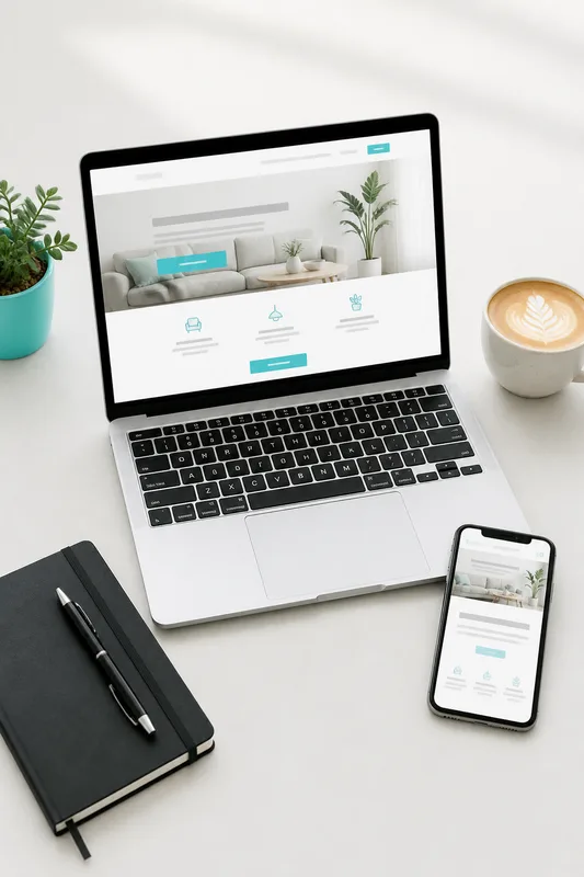 Bureau clair avec un ordinateur et un téléphone affichant un site web, un café et un carnet