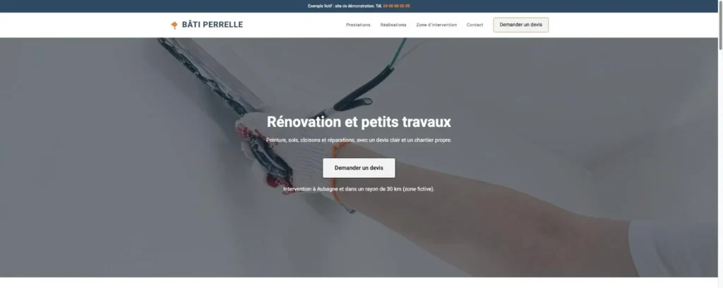 Exemple de site artisan WordPress avec demande de devis : accueil de Bâti Perrelle, site de démonstration