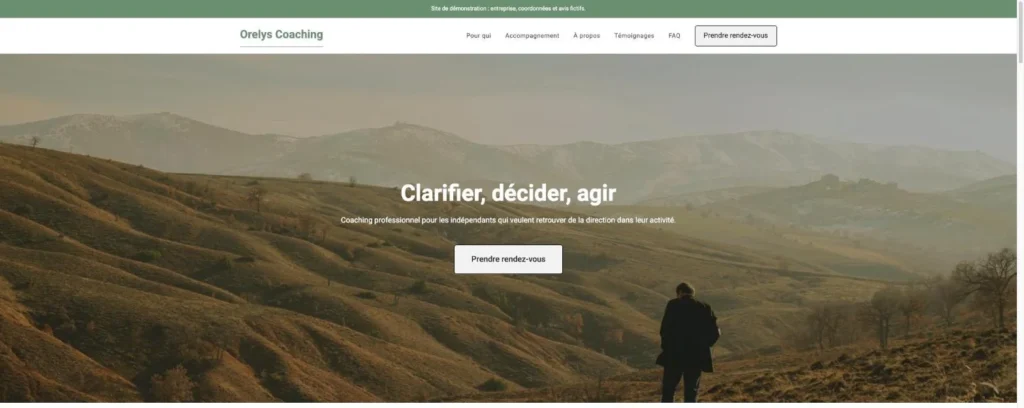 Exemple de site one page WordPress : accueil d'Orelys Coaching, site de démonstration