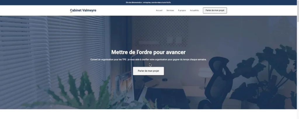 Exemple de site vitrine WordPress : page d'accueil du Cabinet Valmeyre, site de démonstration
